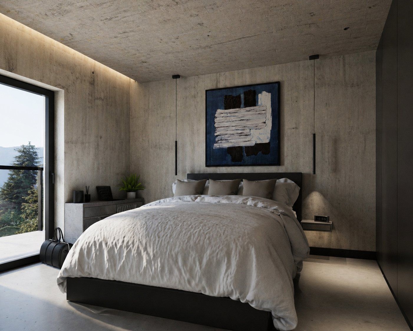 Apartament 01: Beton dla ciężaru, czarna bryła dla napięcia, sztuka jako punkt skupienia i światło jako atmosfera.